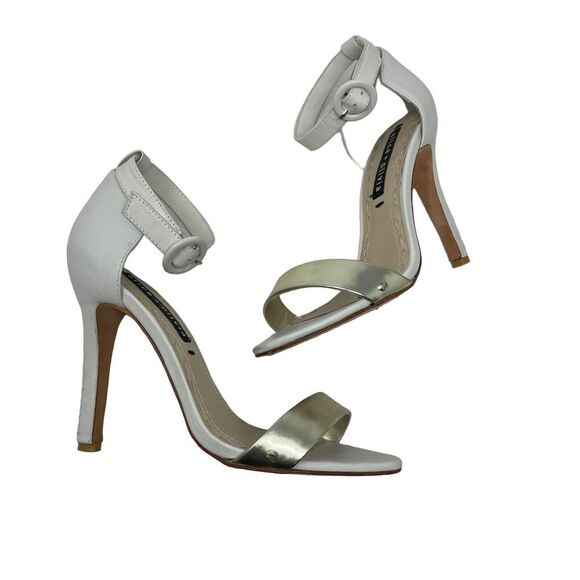 Alice + Olivia womens high heel sandals gold and white straps size 36.5 6.5 - Picture 1 of 11